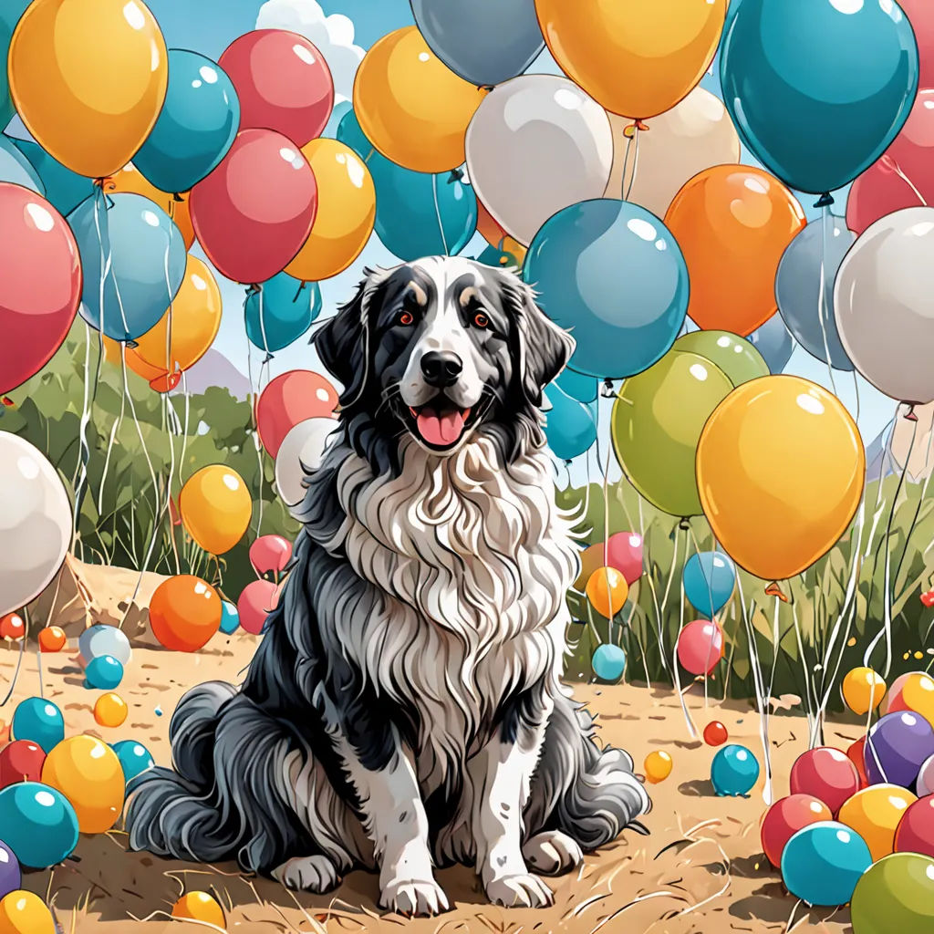 a dog sitting in the middle of a field with balloons in the air behind him and a dog sitting in the middle of the field, furry art, a storybook illustration, Chris LaBrooy, highly detailed digital painting