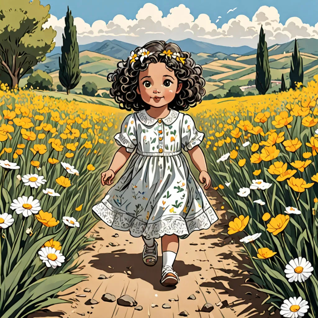 a little girl walking down a path in a field of flowers with a sky background and clouds in the sky, lyco art, a storybook illustration, Florence Engelbach, comic cover art