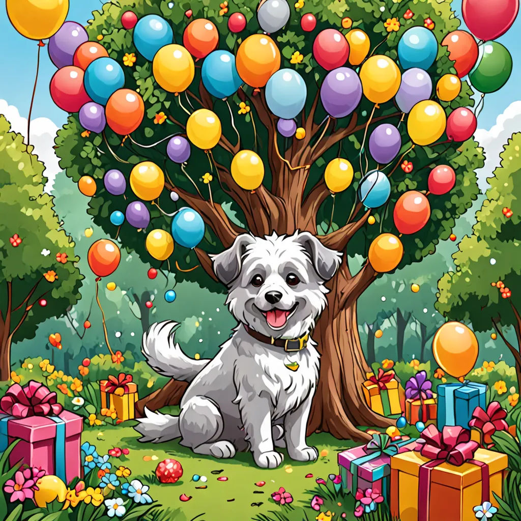 a dog sitting under a tree with balloons in the air and presents under it, with a dog sitting under a tree with balloons, naive art, a storybook illustration, Chris LaBrooy, official art