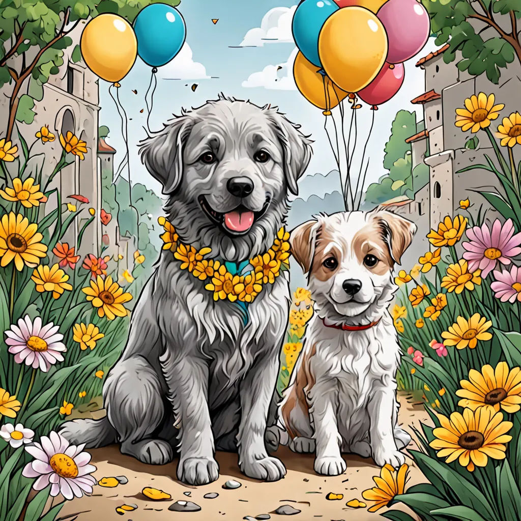 two dogs sitting in a field of flowers and balloons with a castle in the background with a sky full of clouds, naive art, a storybook illustration, Dan Mumford, highly detailed digital painting