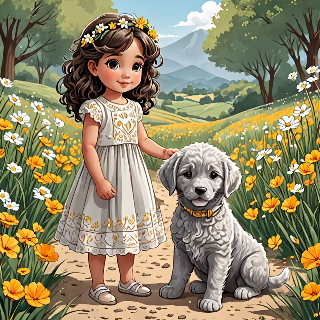 a little girl standing next to a dog on a field of flowers with a mountain in the background and a field of yellow flowers, naive art, a storybook illustration, Anne Said, game art