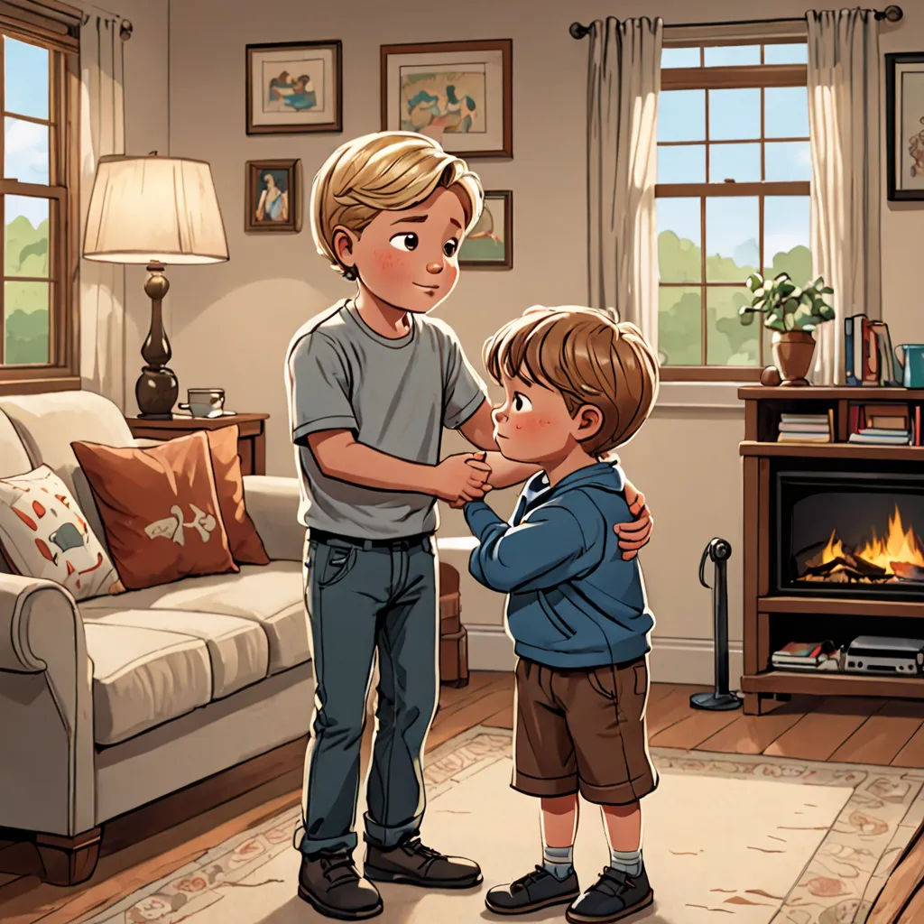 a boy and a boy standing in a living room with a fireplace in the background and a man standing next to him, american scene painting, a storybook illustration, Brothers Hildebrandt, storybook illustration