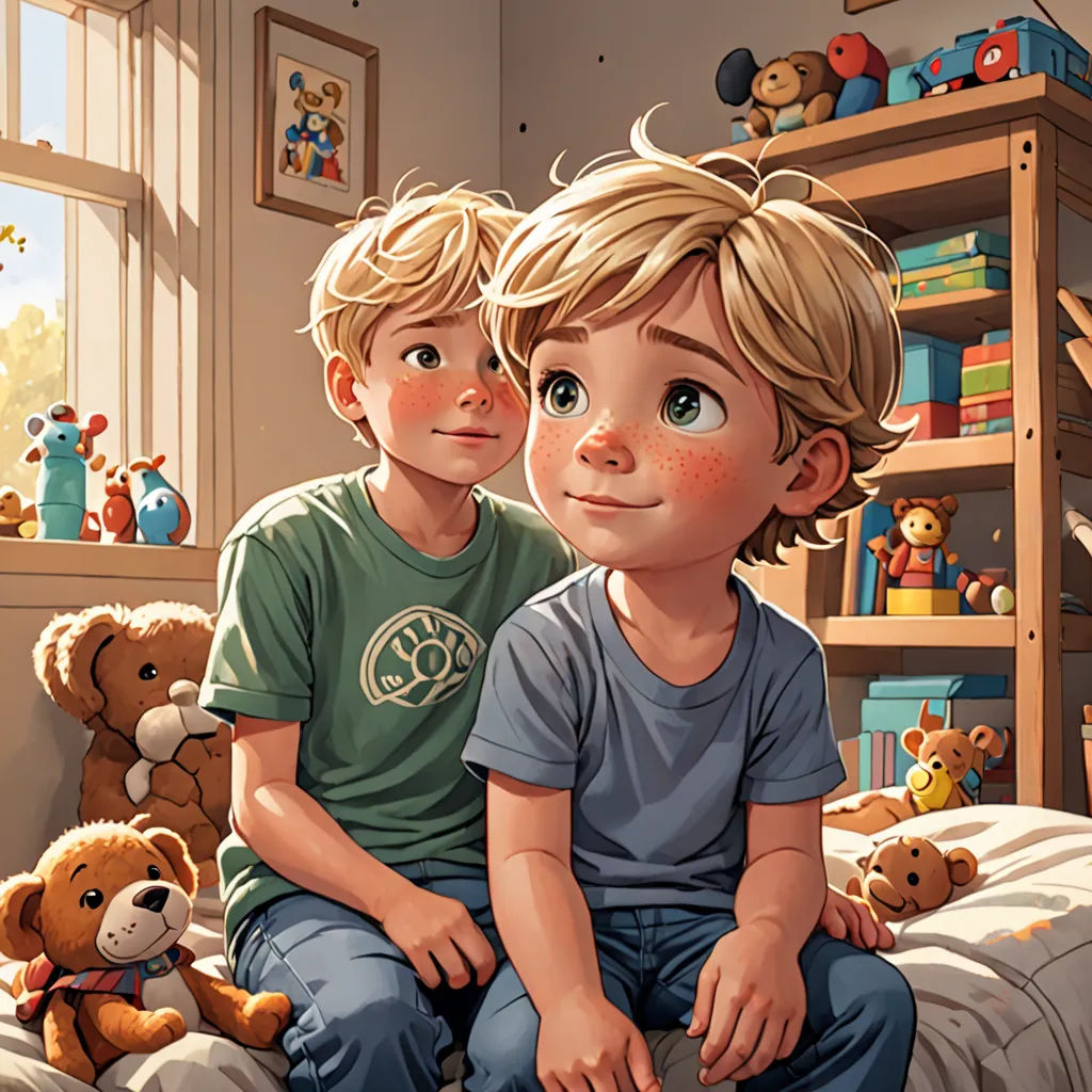 a boy and a girl sitting on a bed with teddy bears in the background and a teddy bear on the floor, photorealism, a storybook illustration, Brothers Hildebrandt, storybook illustration