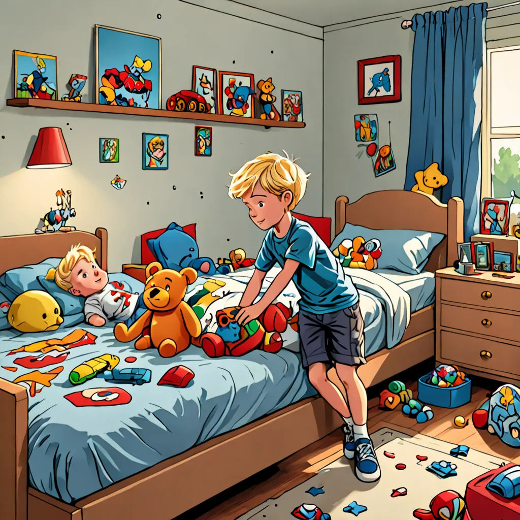 a boy is playing with his toys in his bedroom with his brother and sister on the bed in the background, lyco art, a storybook illustration, Diego Gisbert Llorens, detailed illustration