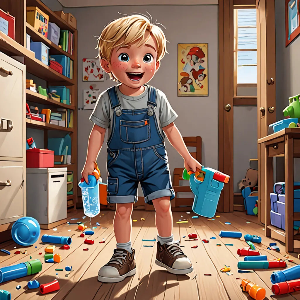 a boy holding a blue watering can in a messy room with toys scattered around him and a bookcase in the background, photorealism, a storybook illustration, Chris LaBrooy, highly detailed digital painting