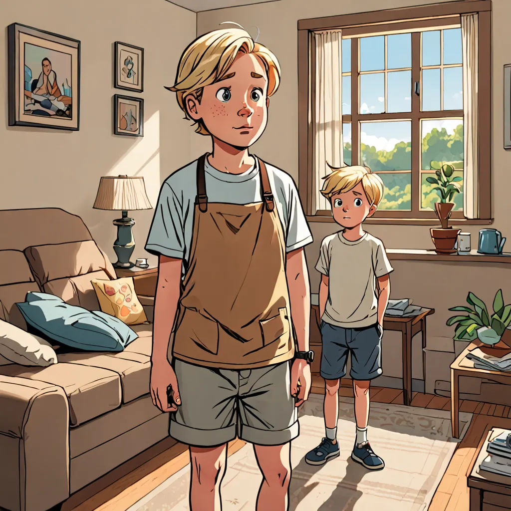 a boy and a boy standing in a living room with a couch and a window in the background and a painting on the wall, american scene painting, a comic book panel, Brothers Hildebrandt, comic cover art