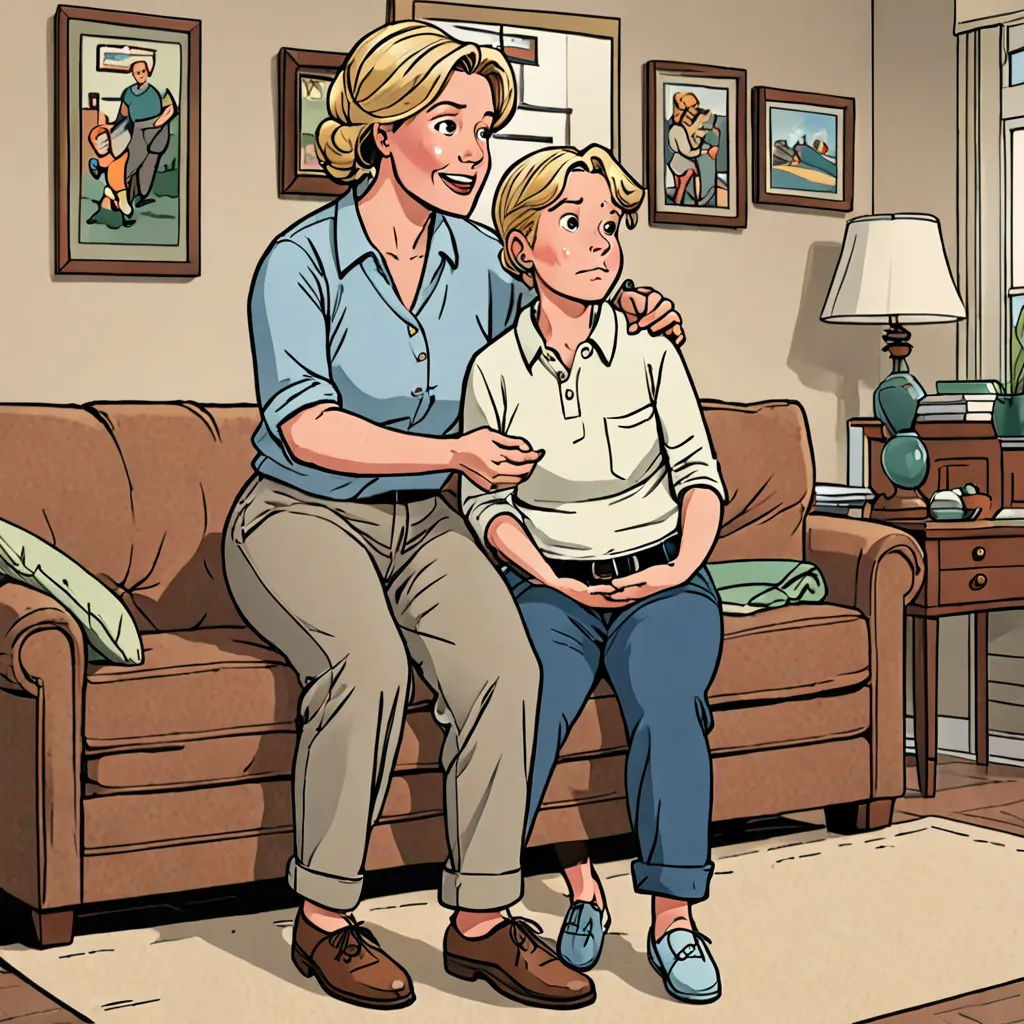 a woman and a child sitting on a couch in a living room with a couch and a lamp on, remodernism, a storybook illustration, F. Scott Hess, graphic novel