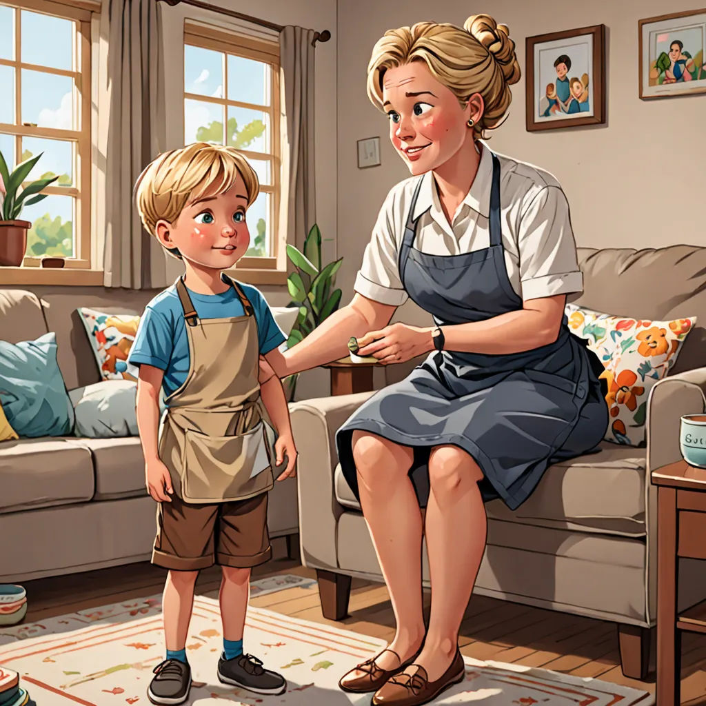 a woman and a boy are in a living room together, one is holding a spoon and the other is looking at something, american scene painting, a storybook illustration, Bob Byerley, storybook illustration