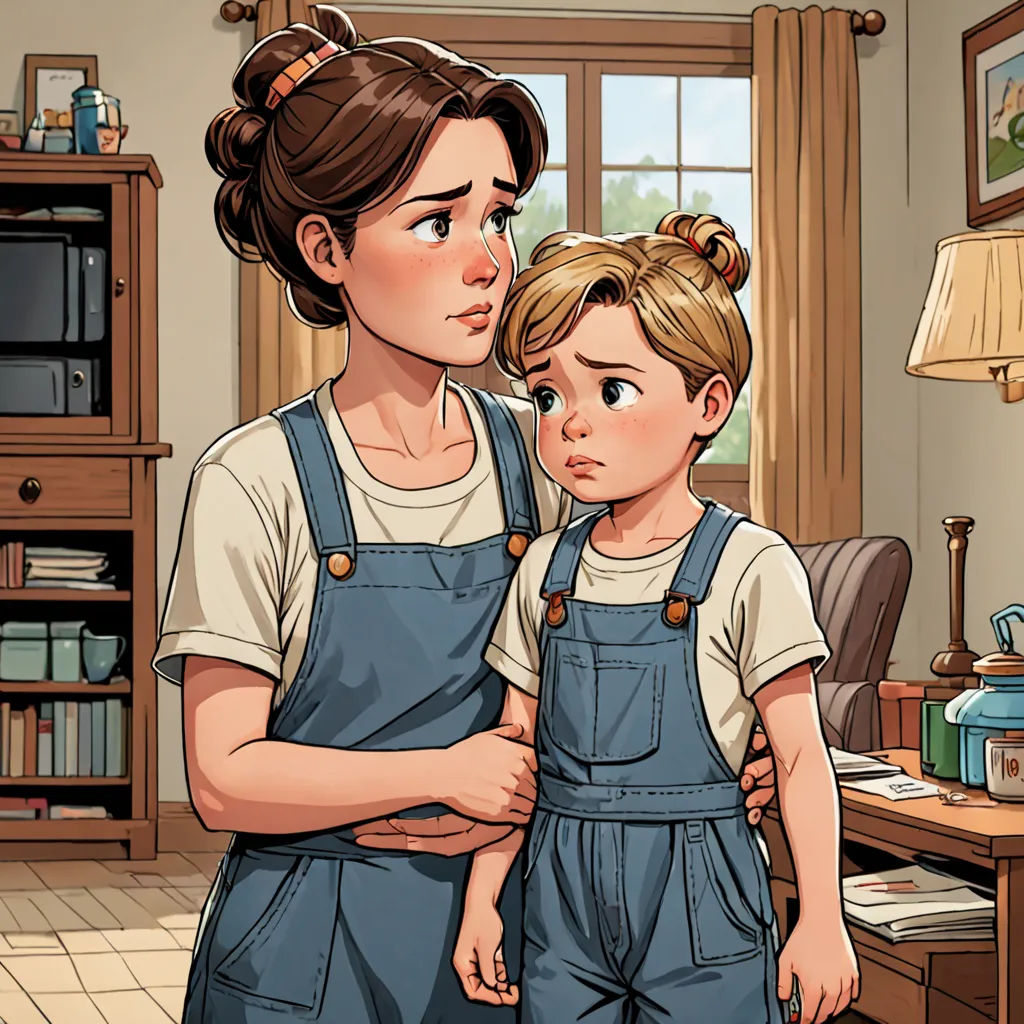 a woman and a child standing in a living room together, looking at each other with a serious look on their faces, sots art, a storybook illustration, F Scott Hess, storybook illustration