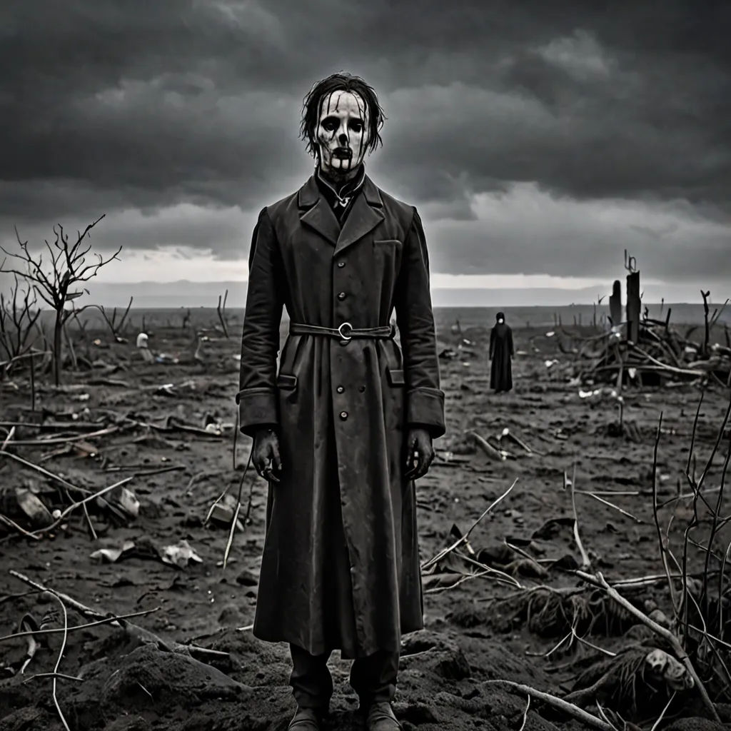 a man in a trench coat standing in a field with a skeleton face on it's head and a black and white photo of a man in the background, gothic art, an album cover, Dirk Crabeth, dark art