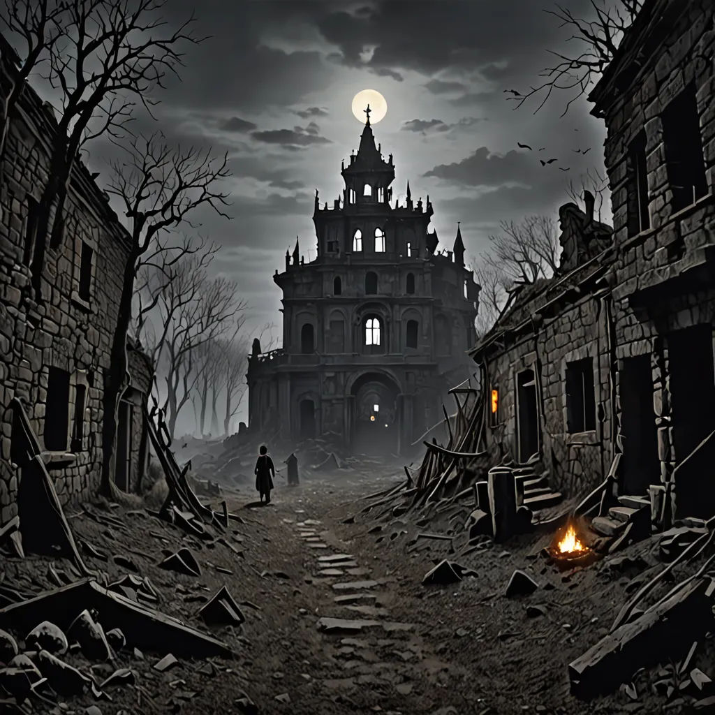 a creepy castle with a person walking down the street in front of it at night time with a full moon, gothic art, a detailed matte painting, Andrey Yefimovich Martynov, gothic