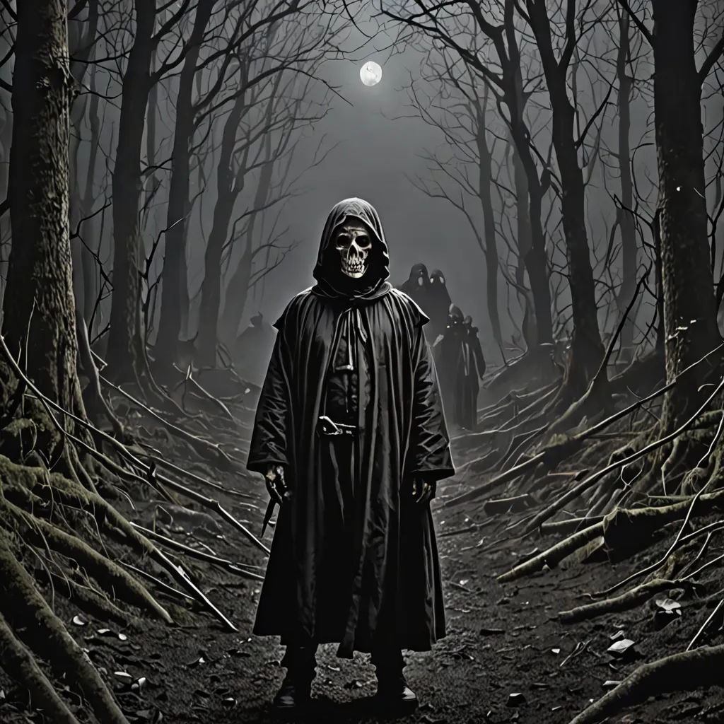 a man in a hooded costume standing in a forest with a full moon in the background and a full moon in the sky, gothic art, a detailed matte painting, Dirk Crabeth, dark art