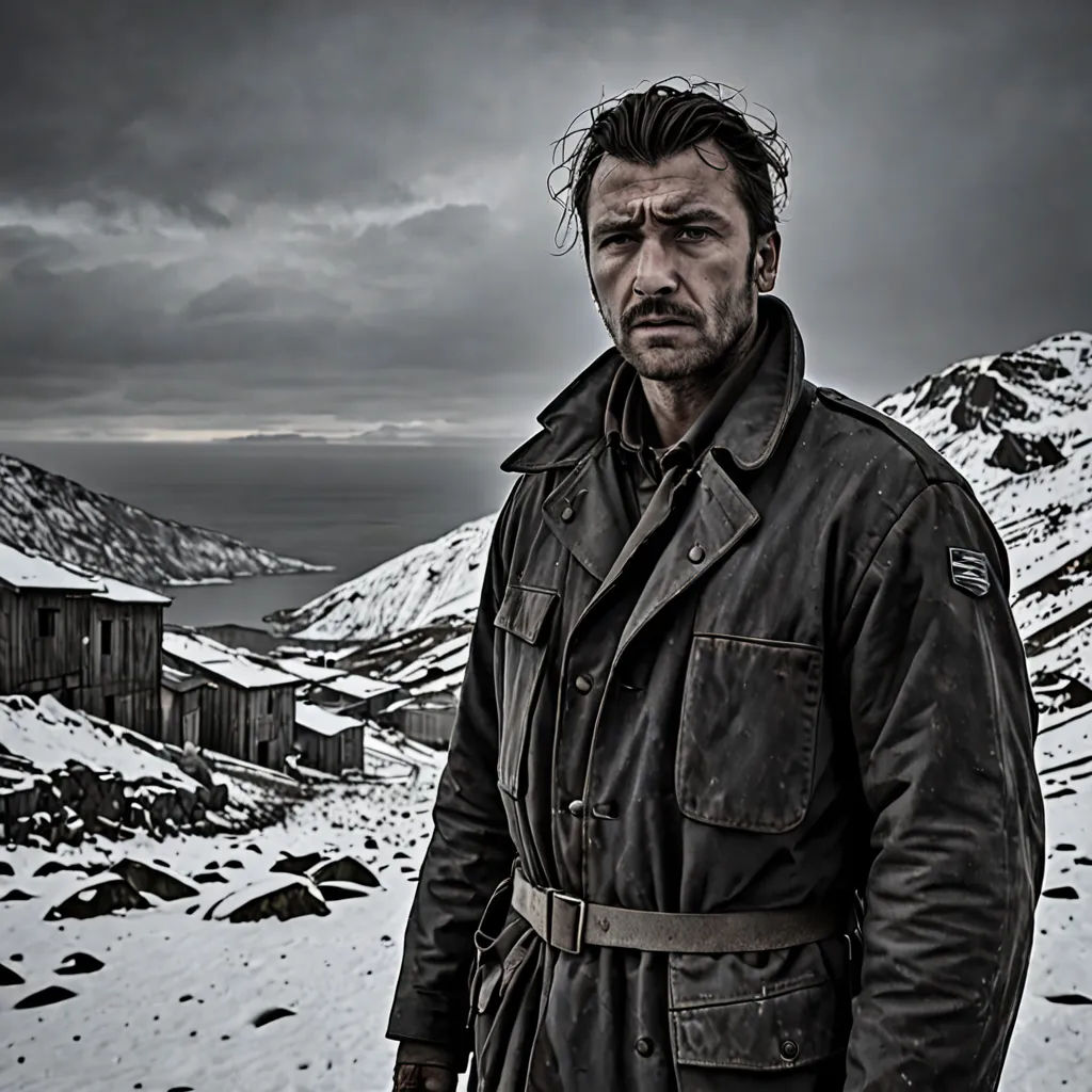 a man in a trench coat standing in the snow with a mountain in the background with a dark sky, dau-al-set, a character portrait, Artur Grottger, promotional image