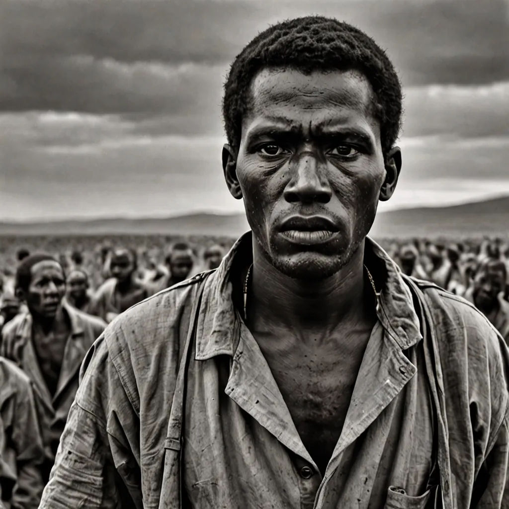a man standing in front of a large group of people in a field with a sky background and a black and white photo, figuration libre, an album cover, Annie Leibovitz, award-winning photograph