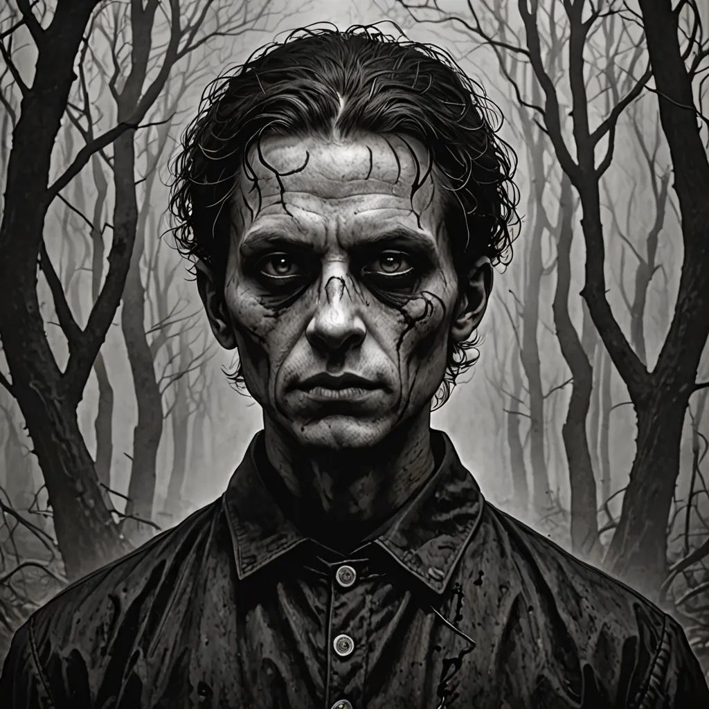 a man with a creepy face and a creepy face on his face in a forest with trees and branches, serial art, a character portrait, Dirk Crabeth, promotional image