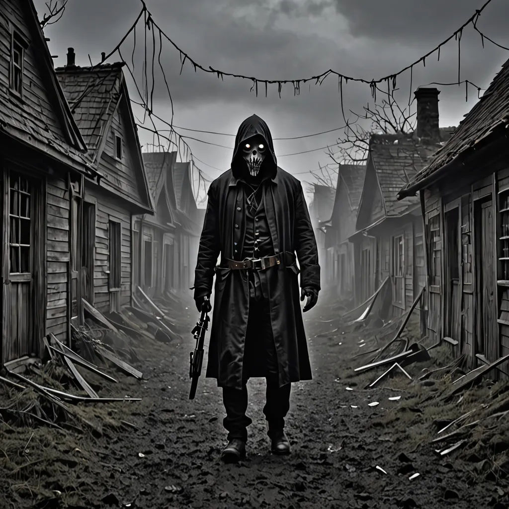 a man in a hooded costume holding a gun in a dark alleyway with buildings in the background and a string of lights strung across the street, antipodeans, a detailed matte painting, Dirk Crabeth, promotional image