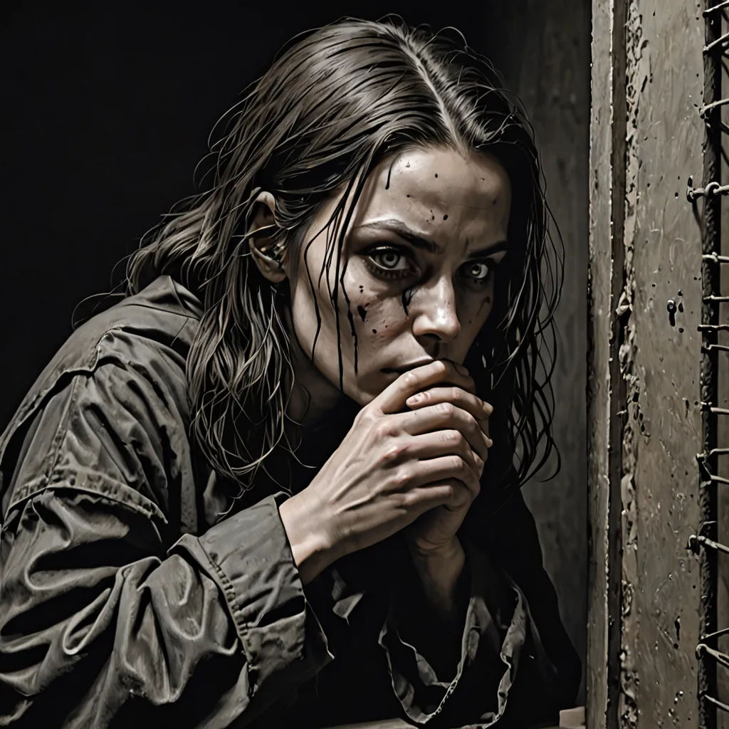 a woman with her hands on her face looking out a window with a chain link fence around her neck, figuration libre, a detailed matte painting, Clarice Beckett, promotional image
