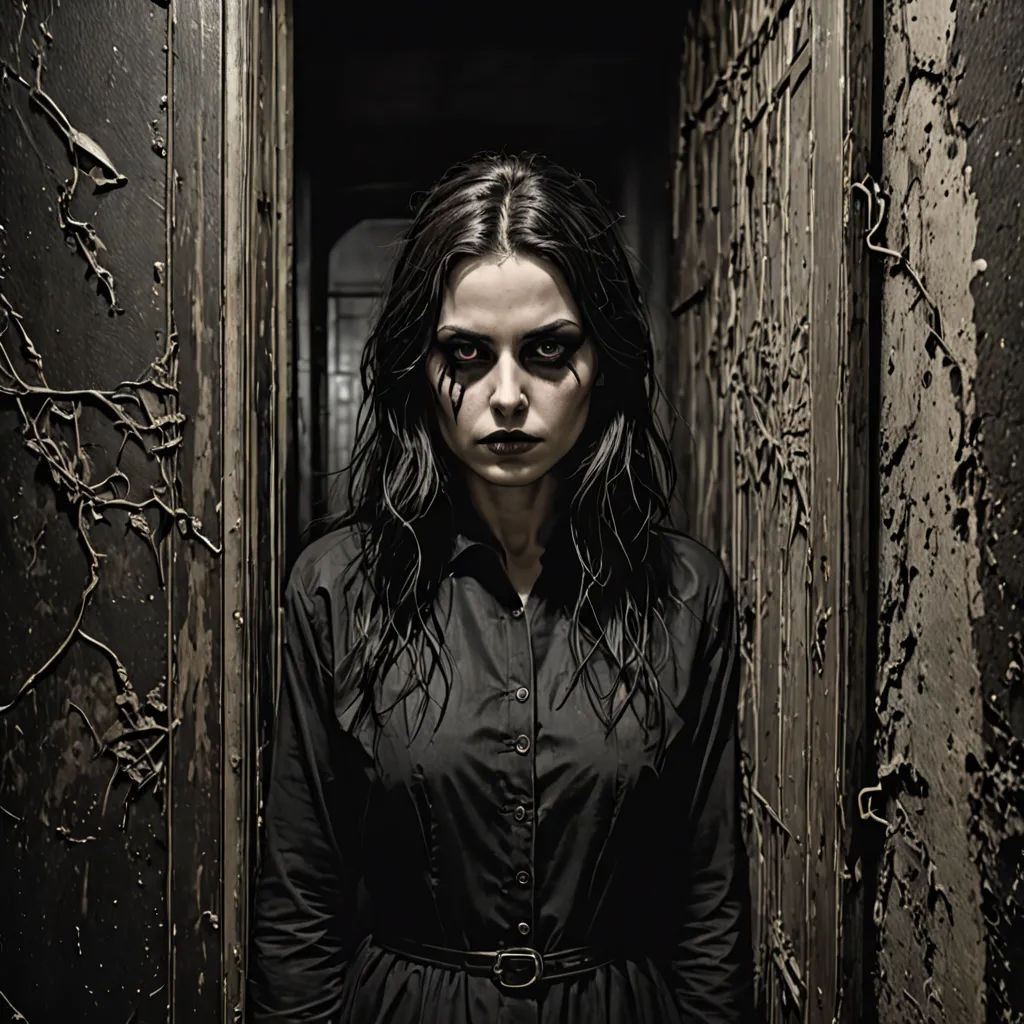a woman with black makeup and black eyes standing in a doorway of a building with a black curtain on it, gothic art, a character portrait, Dirk Crabeth, promotional image