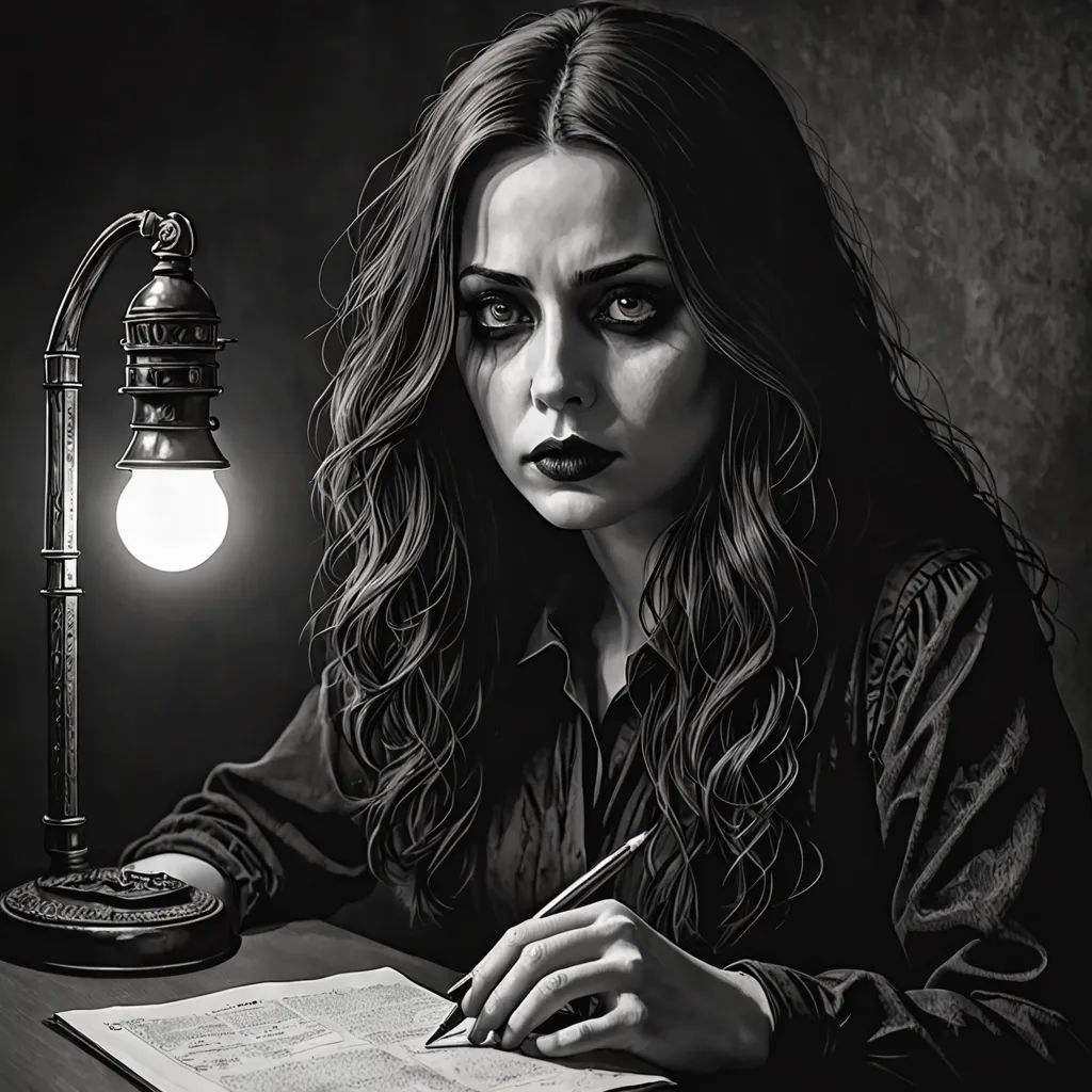 a woman sitting at a desk with a pen and paper in front of her and a lamp on the side, gothic art, an ultrafine detailed painting, Dirk Crabeth, highly detailed digital painting