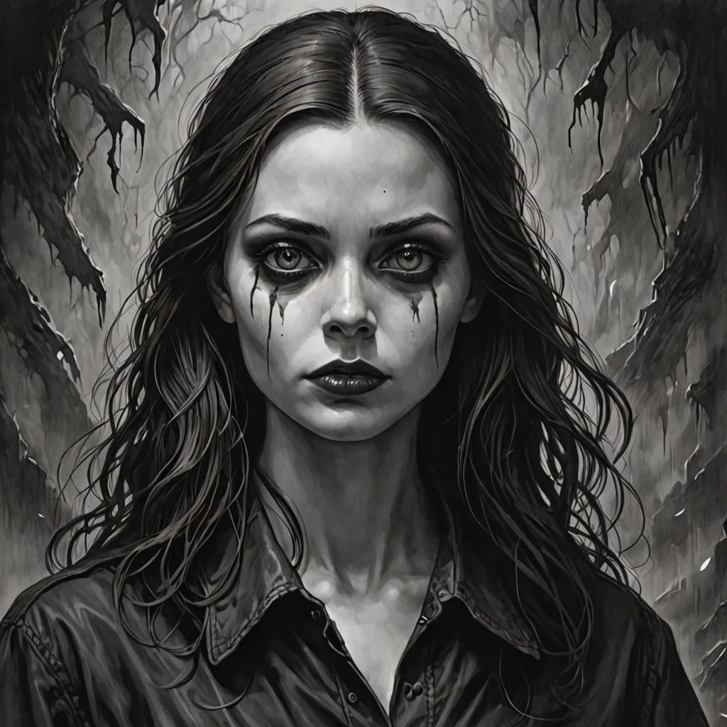 a woman with long hair and a creepy face is shown in this black and white drawing of a woman with long hair and a creepy face, gothic art, a detailed painting, Dan Mumford, dark art
