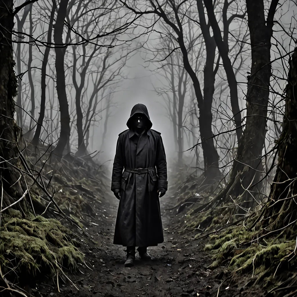 a man in a hooded coat standing in a forest with trees and moss on the ground and fog in the air, neo-romanticism, a character portrait, Dirk Crabeth, dark art