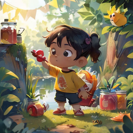 a little girl holding a red apple in a forest with a bird on her shoulder and a bird on her shoulder