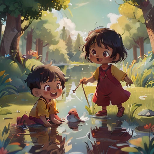 two children are playing in the water with a fish in the woods and one is holding a stick and the other is holding a fish