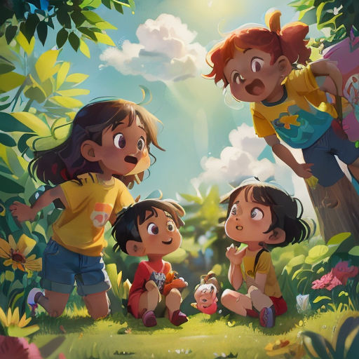 a group of children standing in the grass near a tree and a bird flying overhead in the sky above