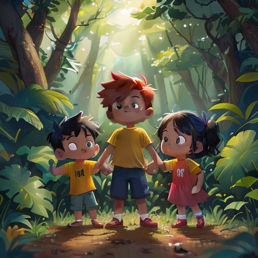 three children standing in the middle of a forest holding hands and looking at the sun shining through the trees