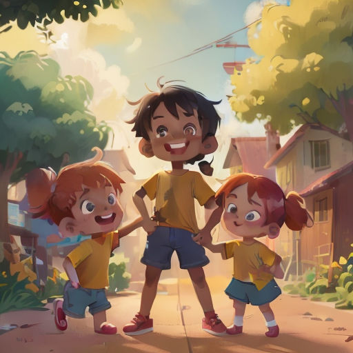 a group of children standing on a street next to a tree and a building with a sky background and a cartoon character