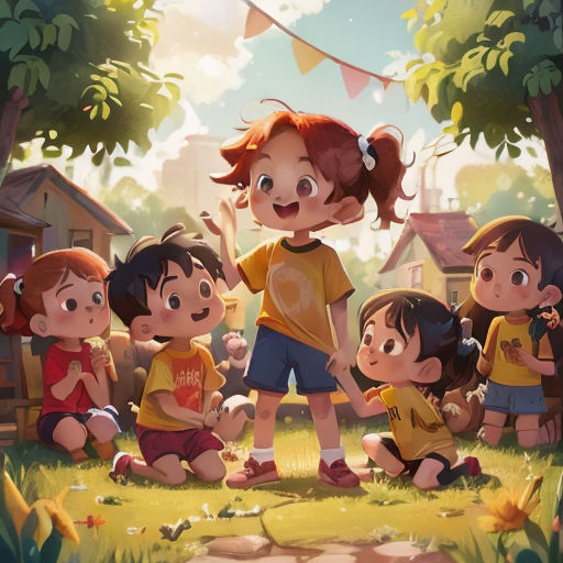 a group of children sitting on the ground in front of a tree and a building with a flag flying above