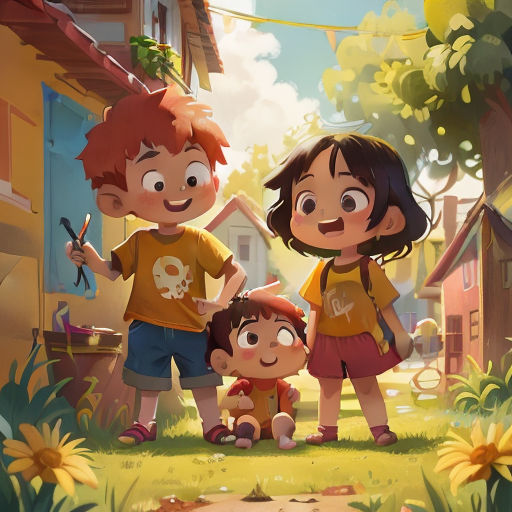 a group of children standing next to each other in a field of grass and flowers, with a house in the background