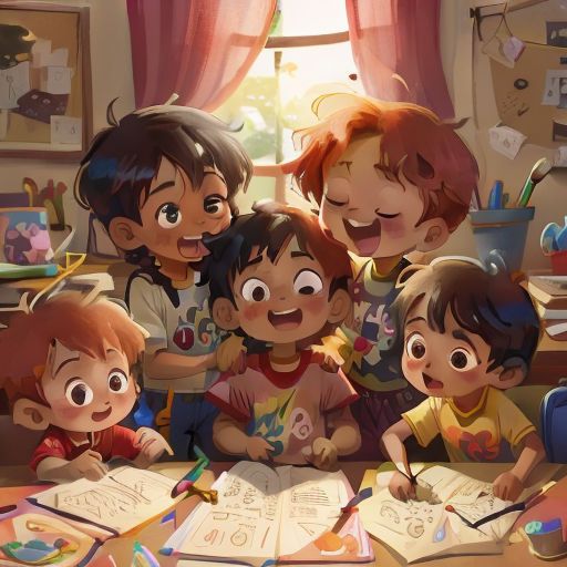 a group of children sitting at a table with a book and pencils in front of them and a window