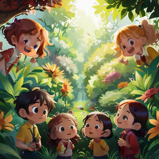 a group of children standing in a forest with sunflowers and trees in the background, with a cartoon of a group of children standing in the middle of the forest