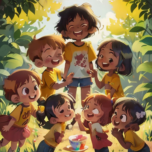 a group of children standing next to each other in a forest with a bowl of food on the ground
