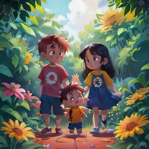 a family of three standing in the middle of a forest with sunflowers and a path leading to the sky