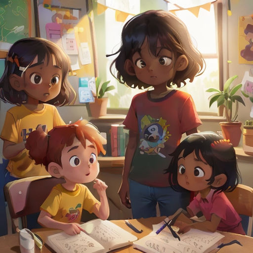 a group of children sitting at a table with books and pencils in front of them, with a window in the background