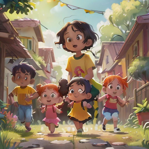 a group of children are walking down a street together in a cartoon style, with a girl in the center of the group