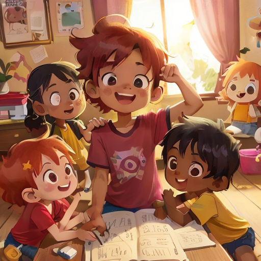 a group of children sitting on the floor in front of a book and a window with a picture of a boy reading