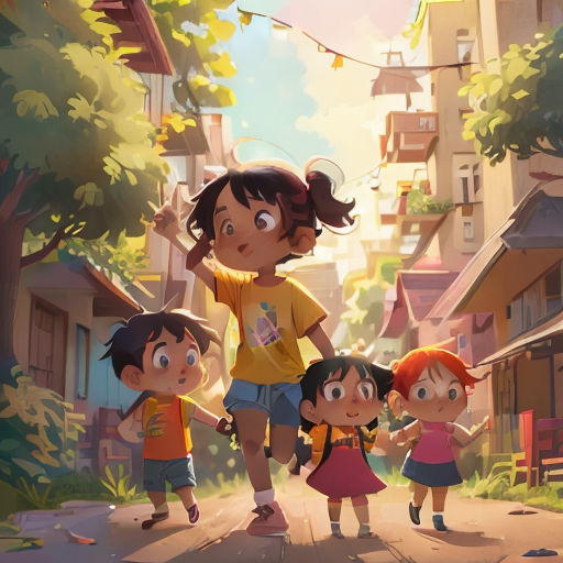 a group of children walking down a street next to a tree filled street with buildings and a kite flying in the sky