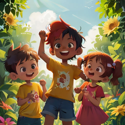 a group of children standing in a forest with sunflowers behind them and a sky background with clouds