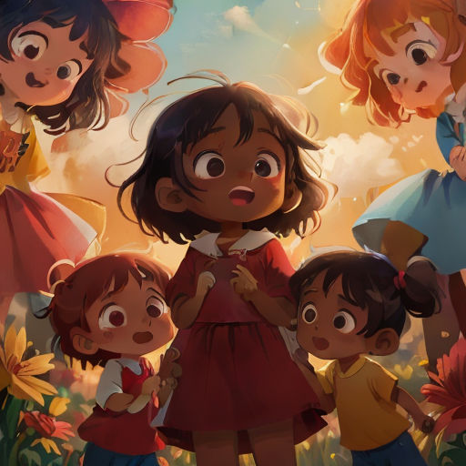 a group of children standing in a field with flowers and clouds in the background, with a cartoon character in the middle
