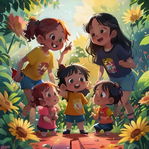 a group of children standing in a forest with sunflowers and a bird flying overhead in the background