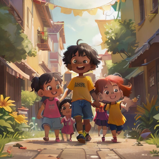 a group of children walking down a street next to a building and a sunflowers on the ground
