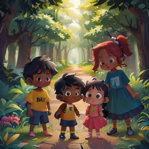 a group of children standing in the middle of a forest with a path leading to them and trees in the background