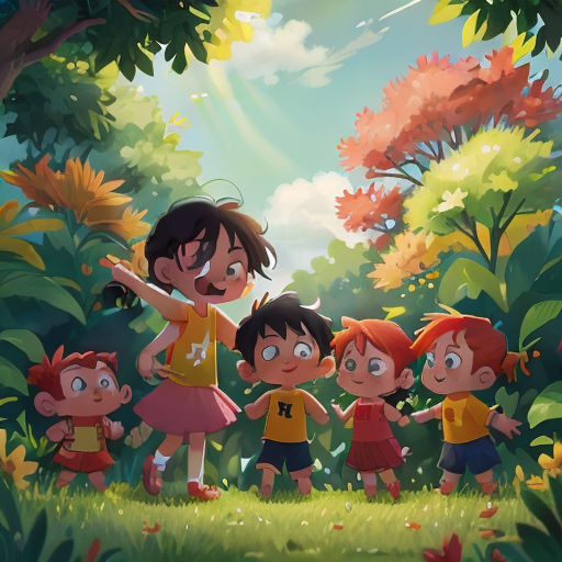 a group of children standing in a forest with trees and flowers behind them, with a woman pointing at them