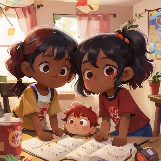 two children are sitting at a table with a book and a cup of coffee in front of them, looking at a book