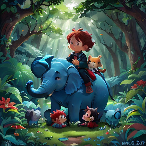 a boy riding on the back of an elephant in a forest with other animals around him and a forest background