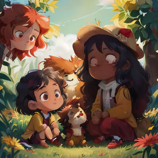 two children sitting on the ground with a dog and a cat in front of them, with a sky background
