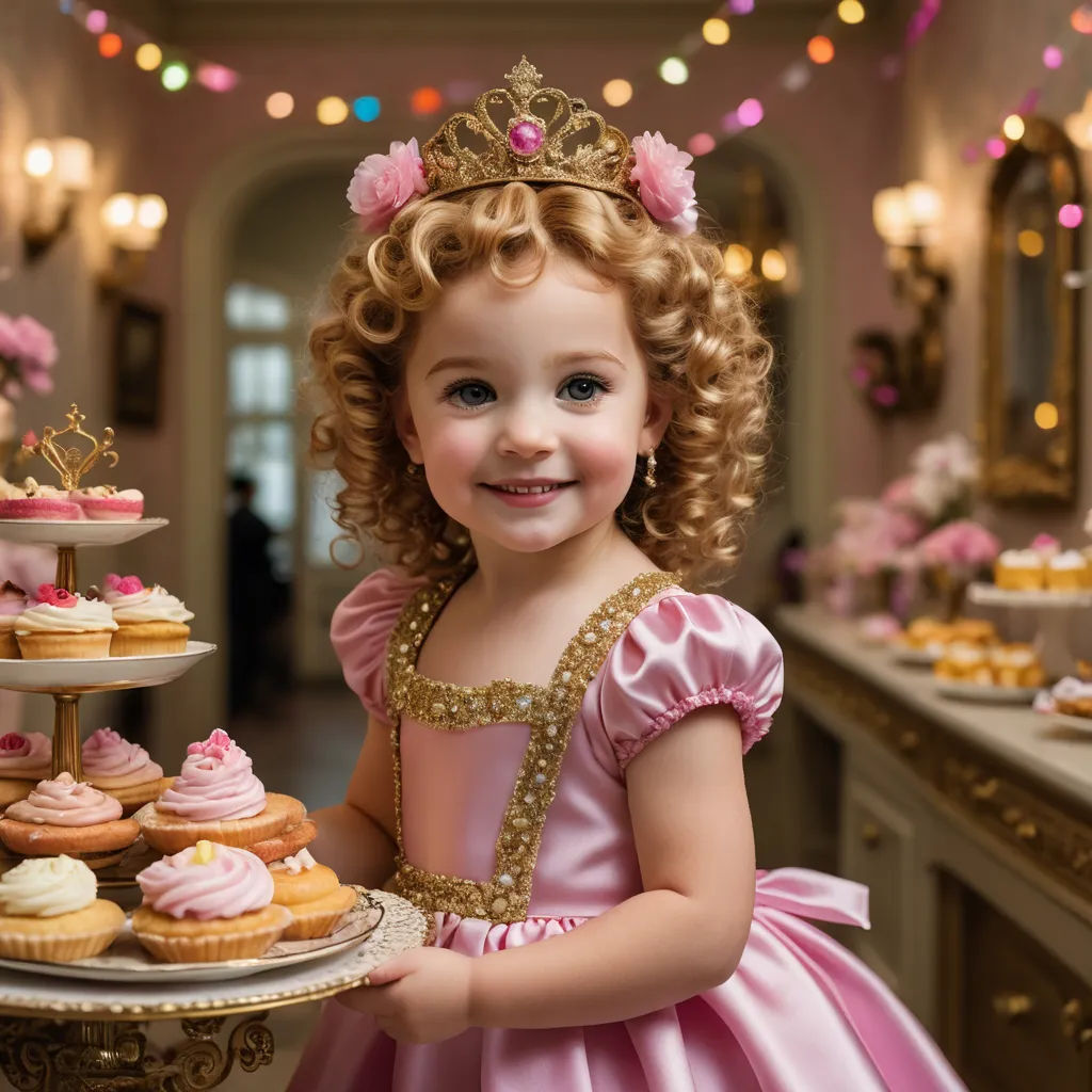 a little girl in a princess dress holding a tray of cupcakes and a cake on a table, rococo, a stock photo, Celia Fiennes, professional food photography